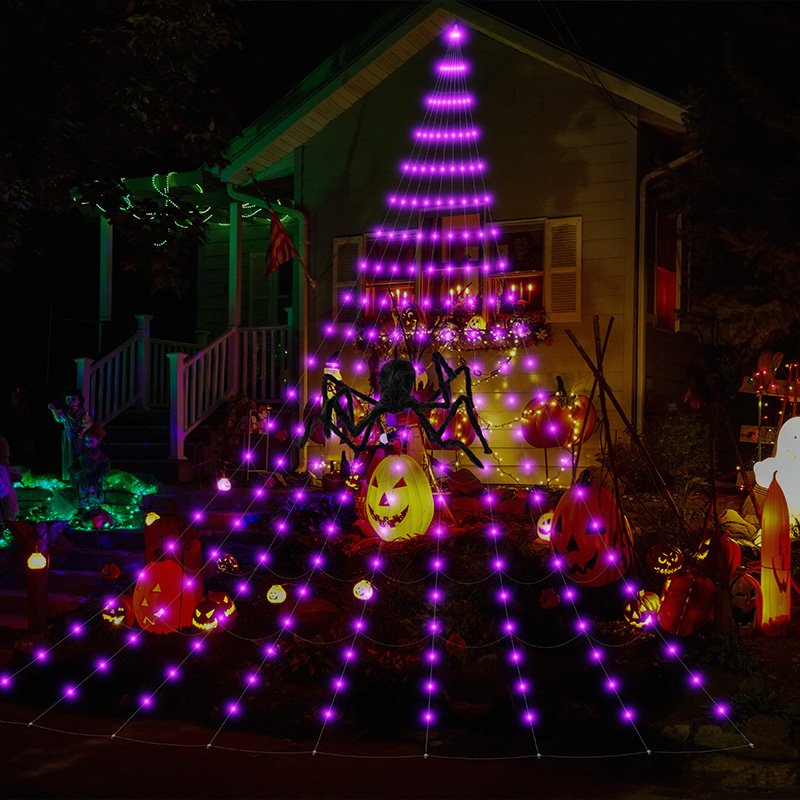 Purple spider web string lights with a large black spider